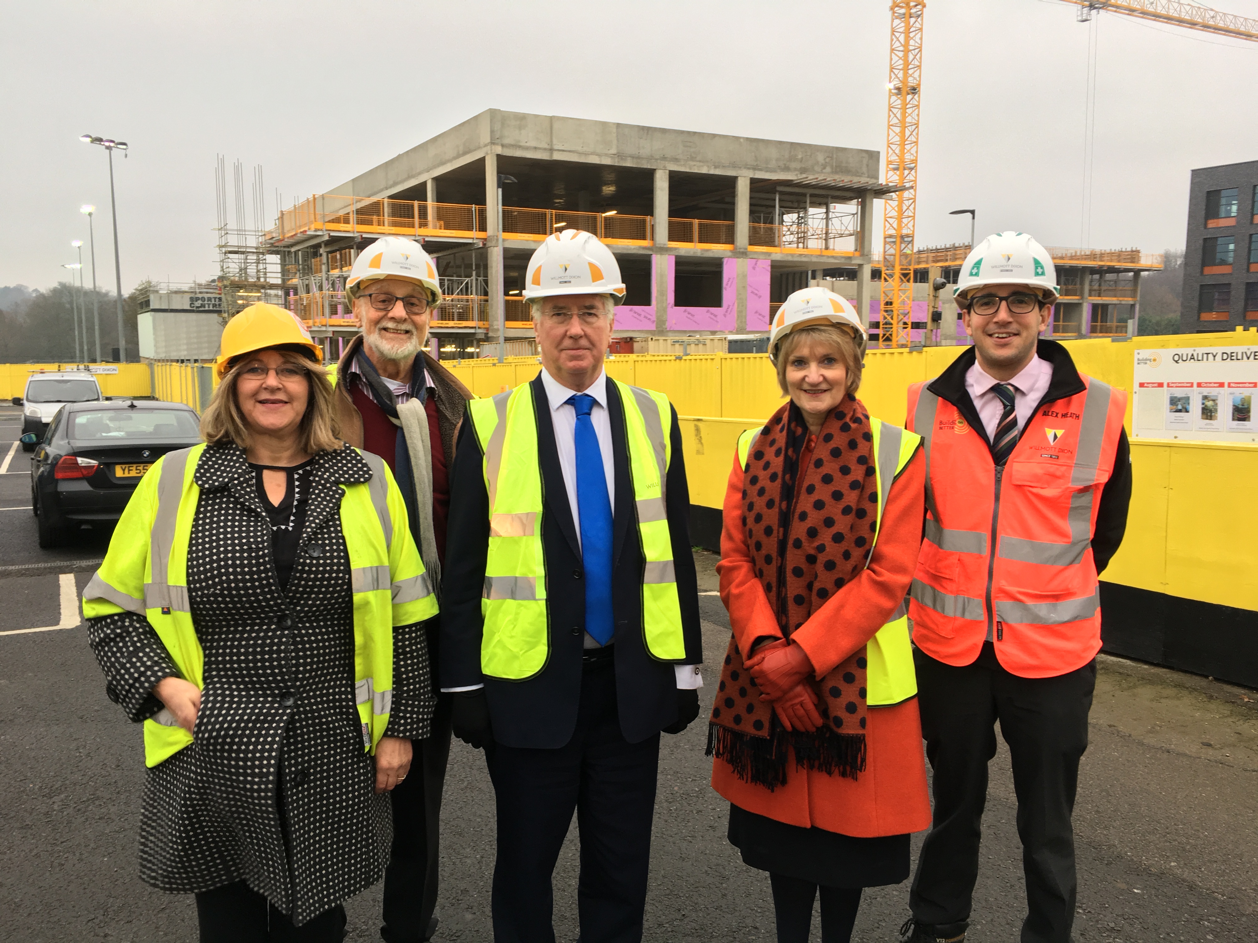 Michael with KCC Project Manager Esther Larner, Weald of Kent Chair of Governors David Bower, Weald of Kent Headteacher Maureen Johnson, and Willmott Dixon Build Manager Alex Heath